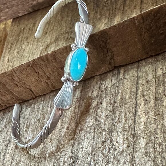 Navajo Sterling Silver & Kingman Turquoise Cuff Bracelet, Stamped - Picture 8 of 9